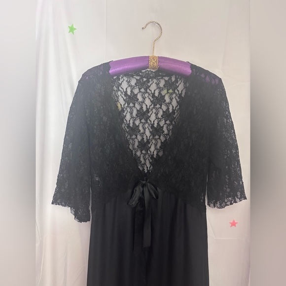 Black Lace Satin Whimsigoth Maxi Length Open Front Bowtie 3/4 Sleeve Robe Size M - Picture 7 of 14